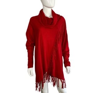 New Directions Classic Red Fringe Faux Wrap Tunic Length Cowl Neck Sweater